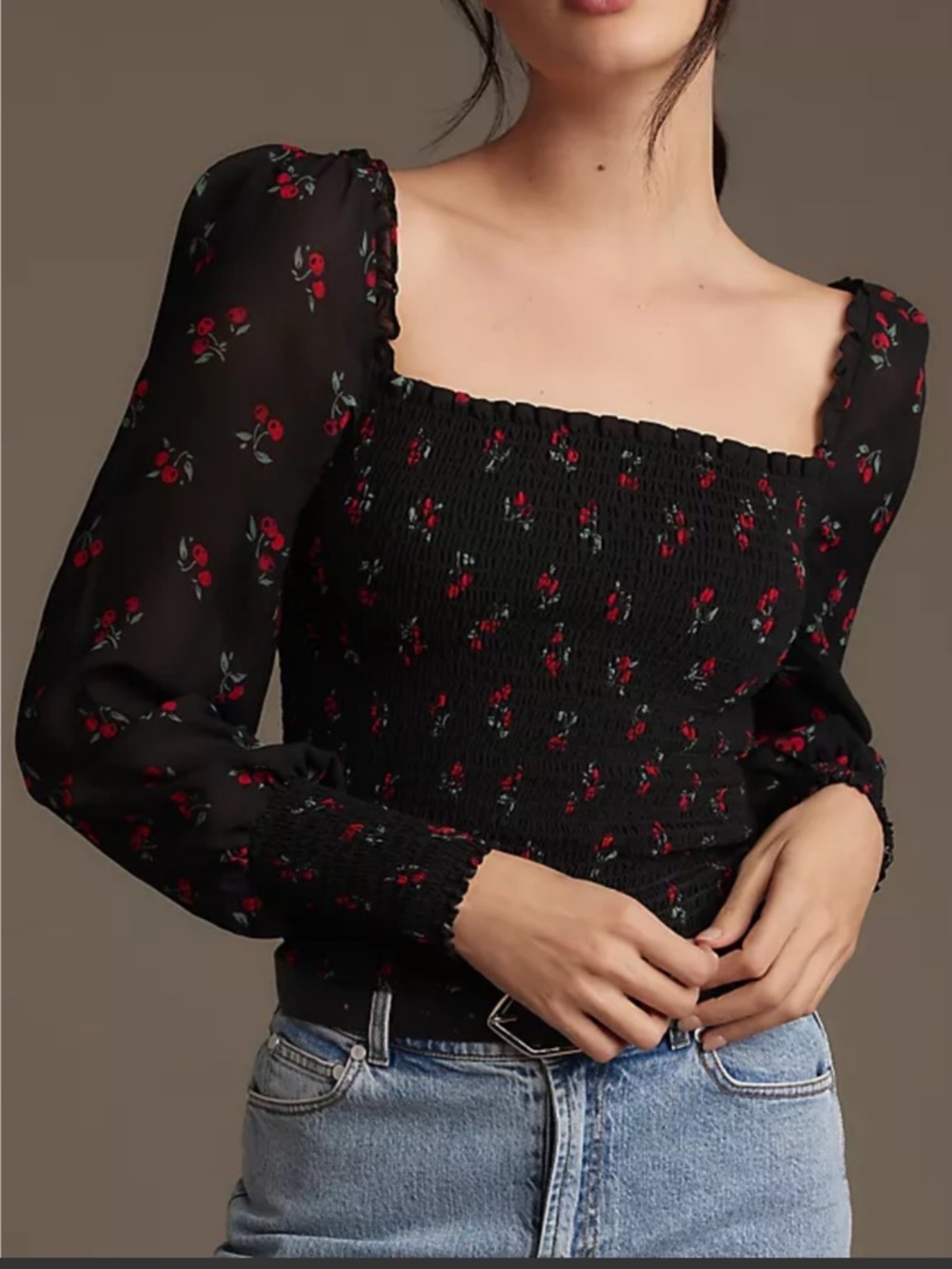 Reformation Black Smocked Cherry-Print Long Sleeve Crop Top